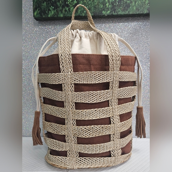 Like New - Cost Plus World Market Cream and Brown Woven Satchel, Removable Tote - Picture 2 of 6